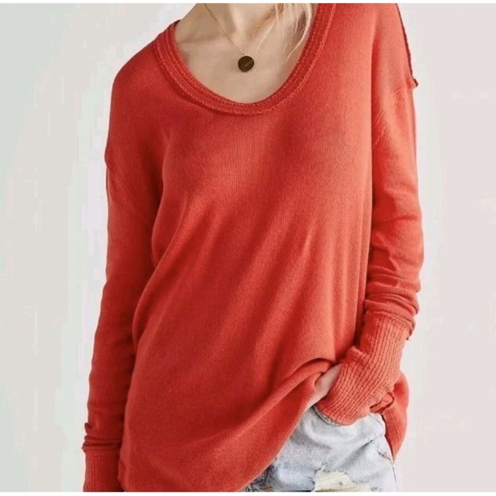 We‎ The Free Waffle Knit Oversized Pullover Top Size M Orangey Red Boho